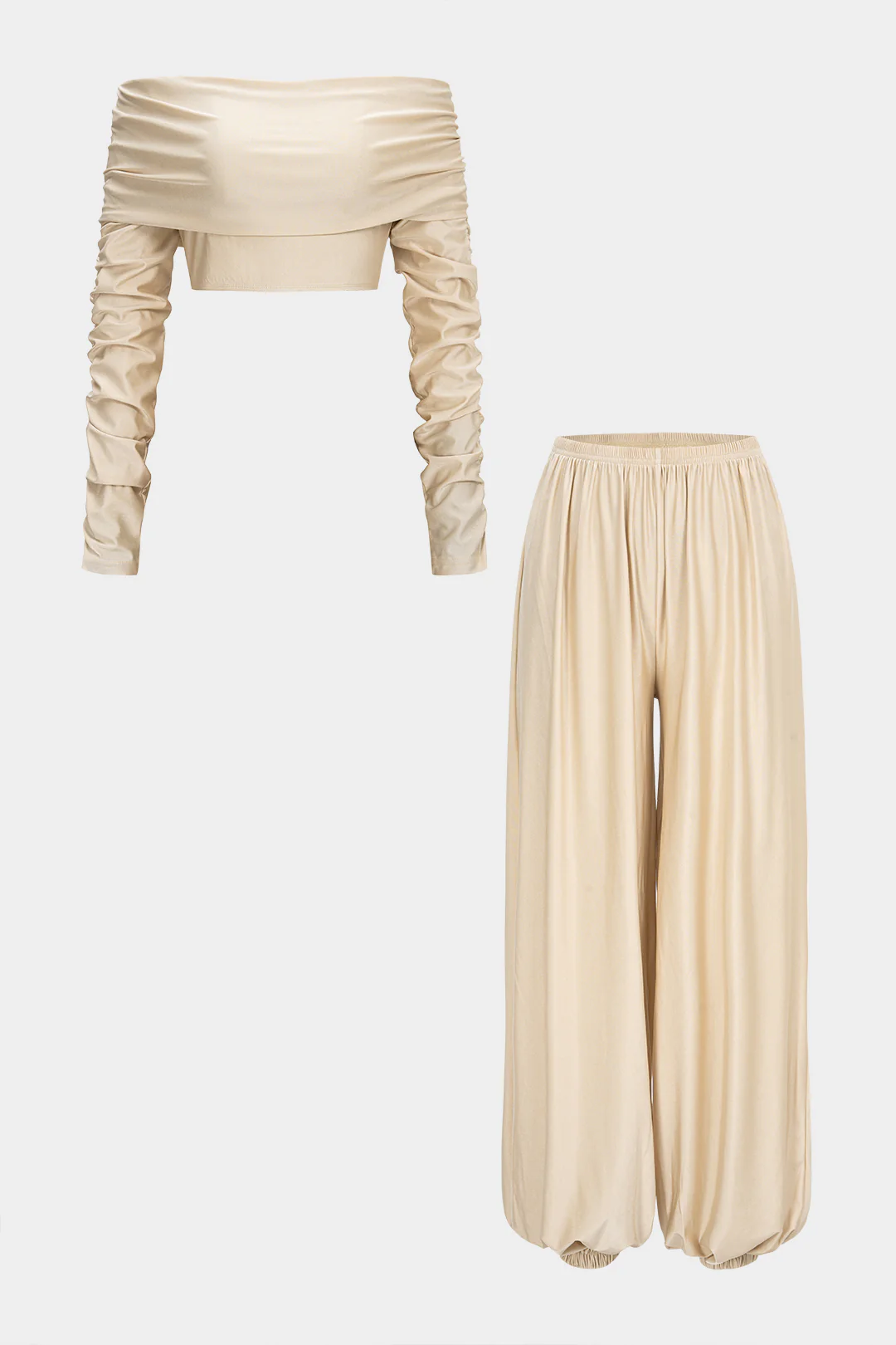 Ruched Off Shoulder Long Sleeve Cropped Top And High Waist Lantern Pants Set - Flockneti