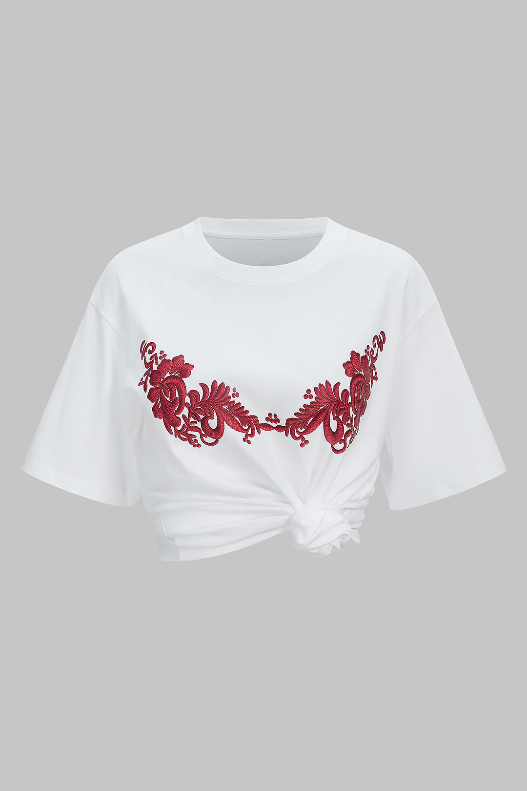 Floral Embroidery Round Neck Short Sleeve T-Shirt - Flockneti