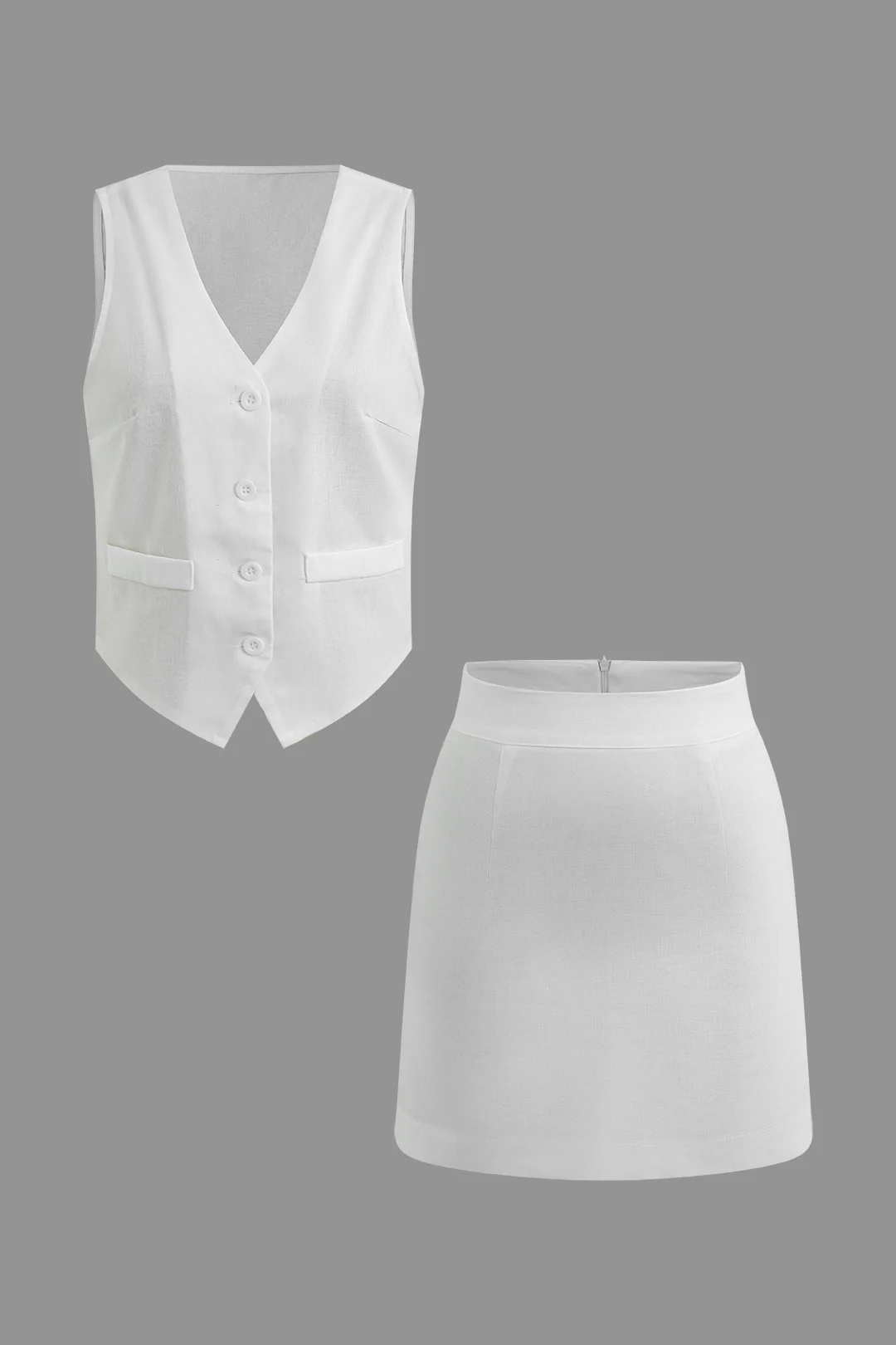 Solid V-Neck Button Sleeveless Top And Zipper Skirt Set - Flockneti