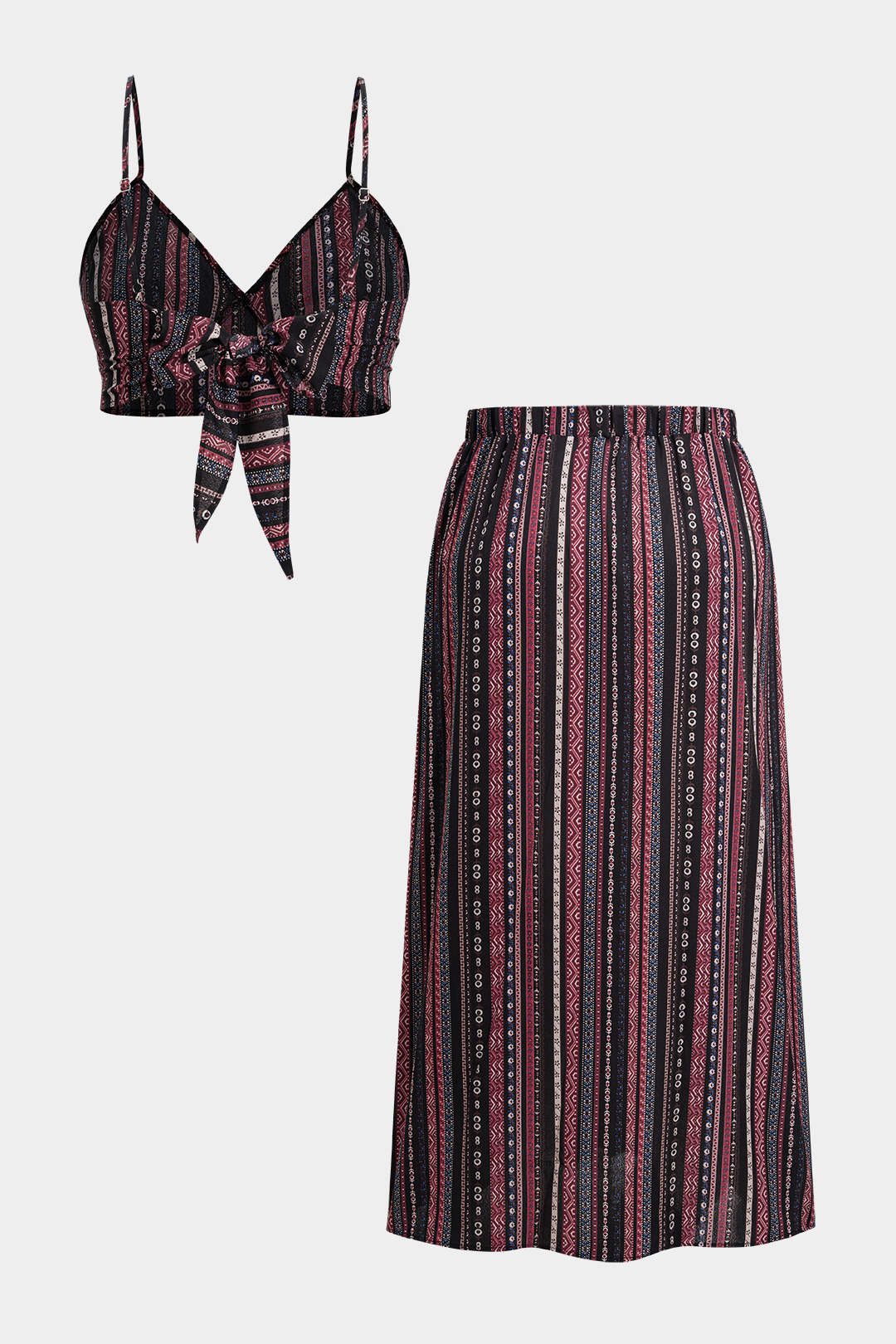 Plus Size Bohemian Print Tie-Up Cami Top And Skirt Set - Flockneti