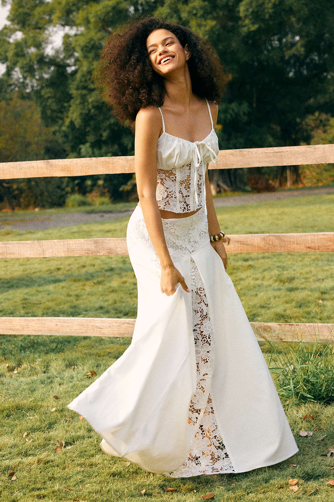 Linen Patchwork Lace Hollow Out Skirt - Flockneti