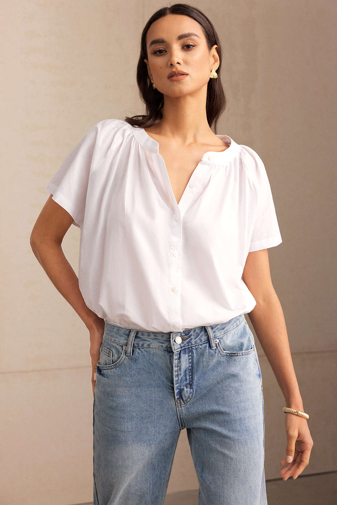 Round Neck Button Batwing Short-Sleeve Shirt - Flockneti