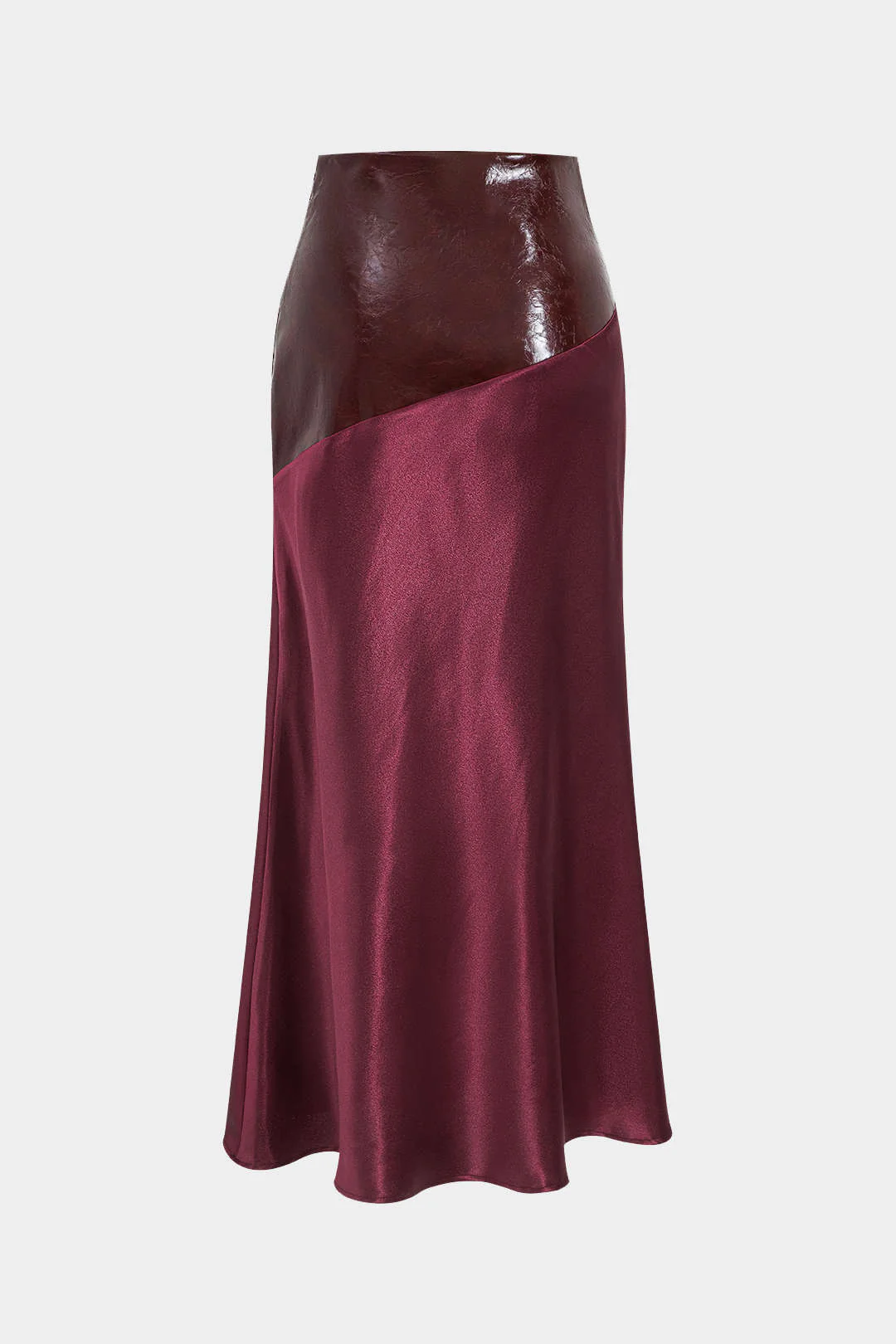 Satin Patchwork Faux Leather Asymmetrical Skirt - Flockneti