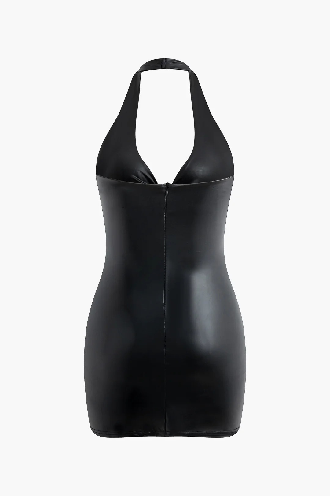 Faux Leather Halter Neck Bow Cut Out Backless Sleeveless Mini Dress - Flockneti