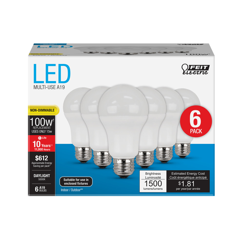 Feit Electric 100W A19 5000K Non-Dimmable LED Bulb 6pk - Flockneti