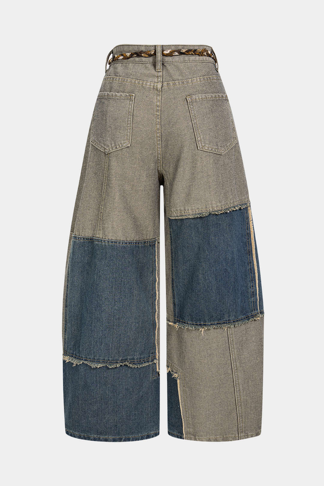 Denim Braided Belted Frayed Pocket Wide Leg Jeans - Flockneti
