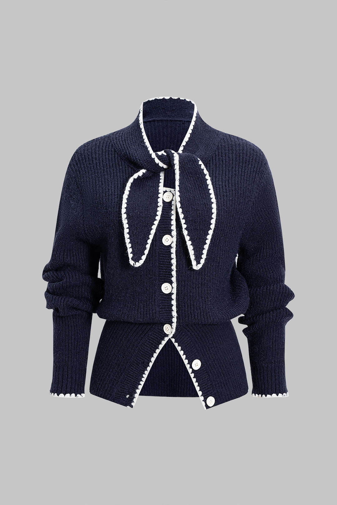 Knit Contrast Button Tie-Up Cardigan - Flockneti