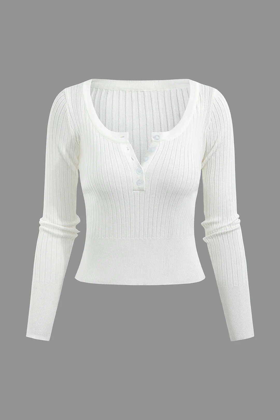 Knit V-Neck Ribbed Button Long-Sleeve Top - Flockneti