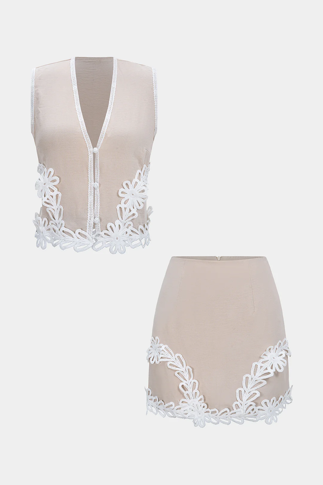 Flower Applique V-Neck Tank Top And Zipper Skirt Set - Flockneti