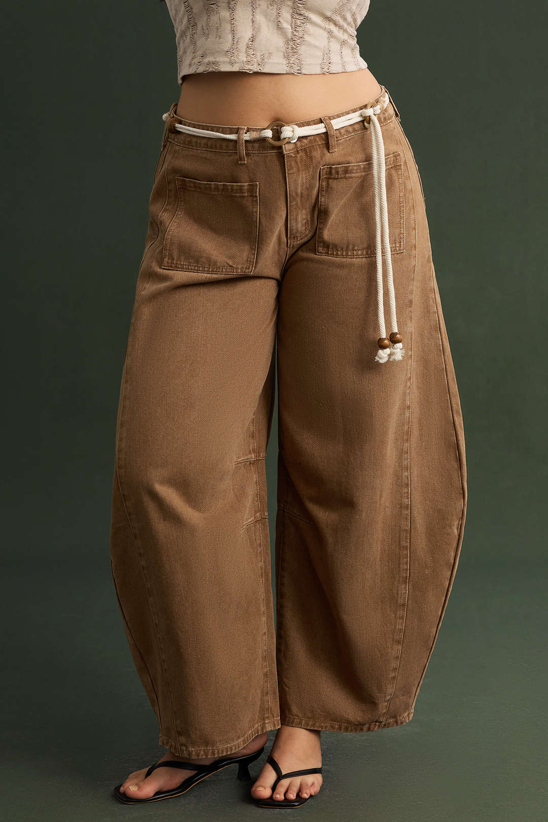 Plus Size Denim Low Waist Beaded Belted Jeans - Flockneti