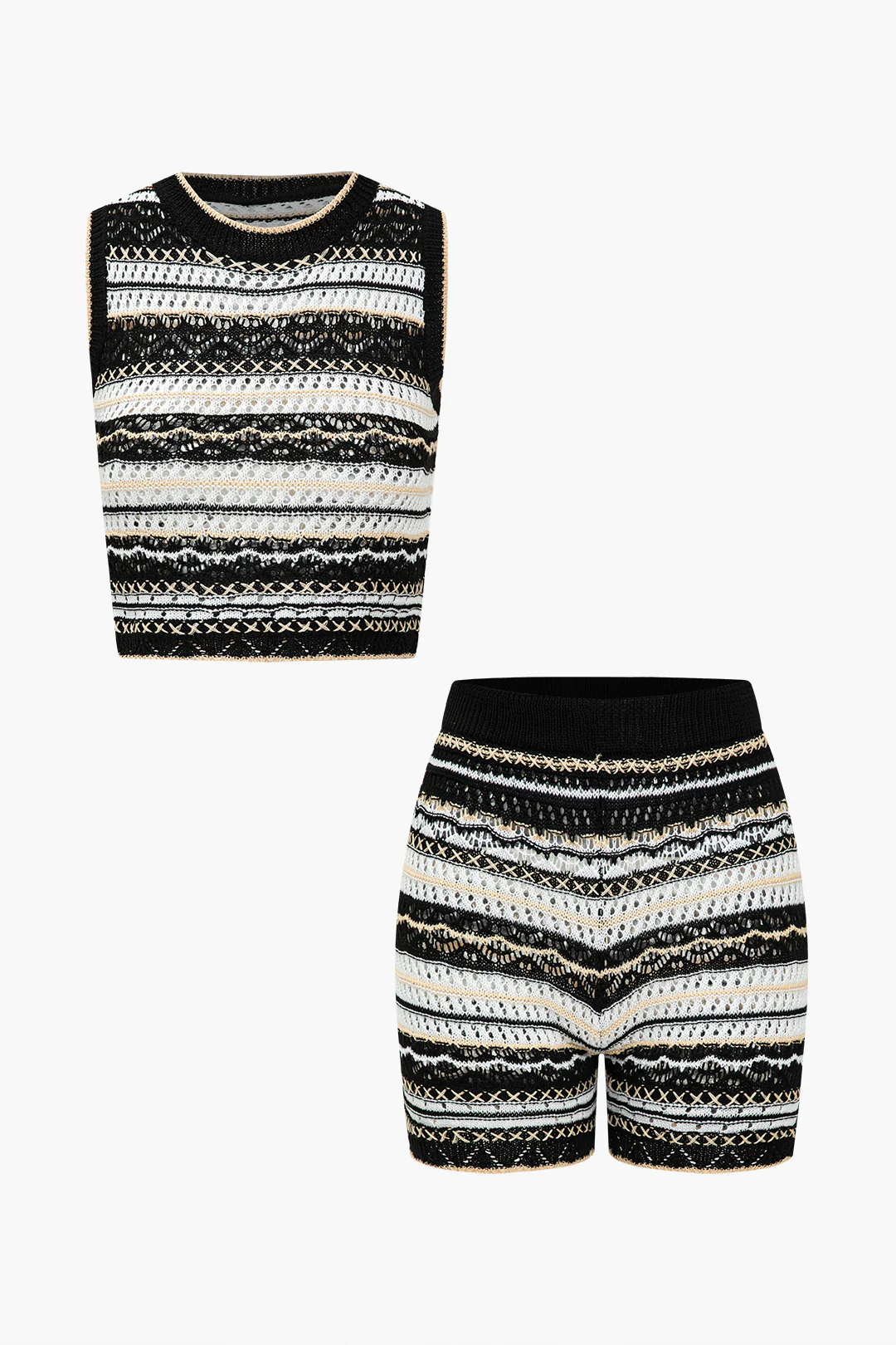 Knit Contrast Stripes Hollow Out Tank Top And Shorts Set - Flockneti