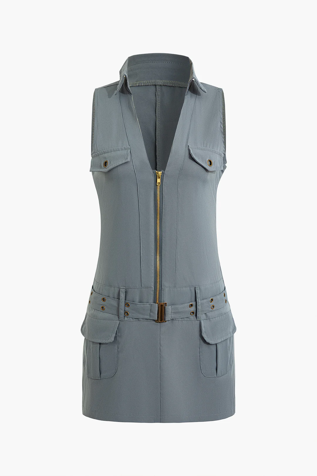 V-Neck Zipper Pocket Belted Sleeveless Mini Dress - Flockneti