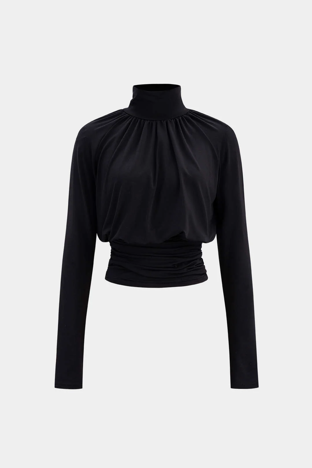 Basic Faux Leather High Collar Wrinkled Long Sleeve T-Shirt - Flockneti