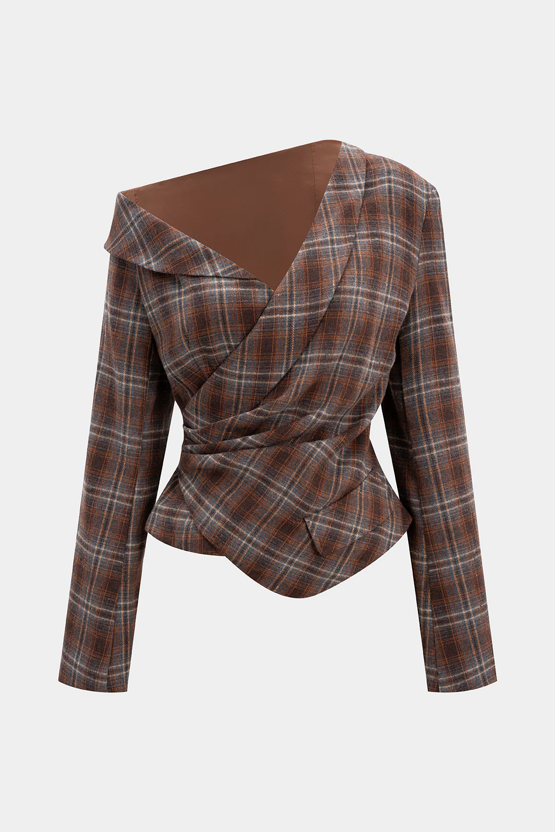 Plaid Print Asymmetrical One Shoulder Ruched Long-Sleeve Top - Flockneti