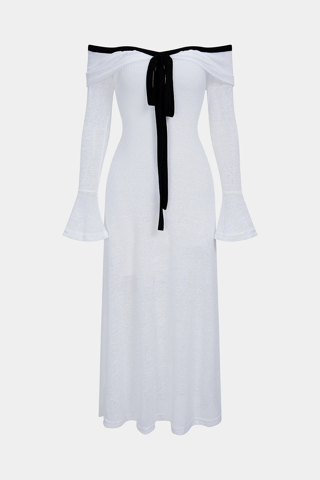 Knit Contrast Binding Off Shoulder Tie-Up Long Sleeve Dress - Flockneti