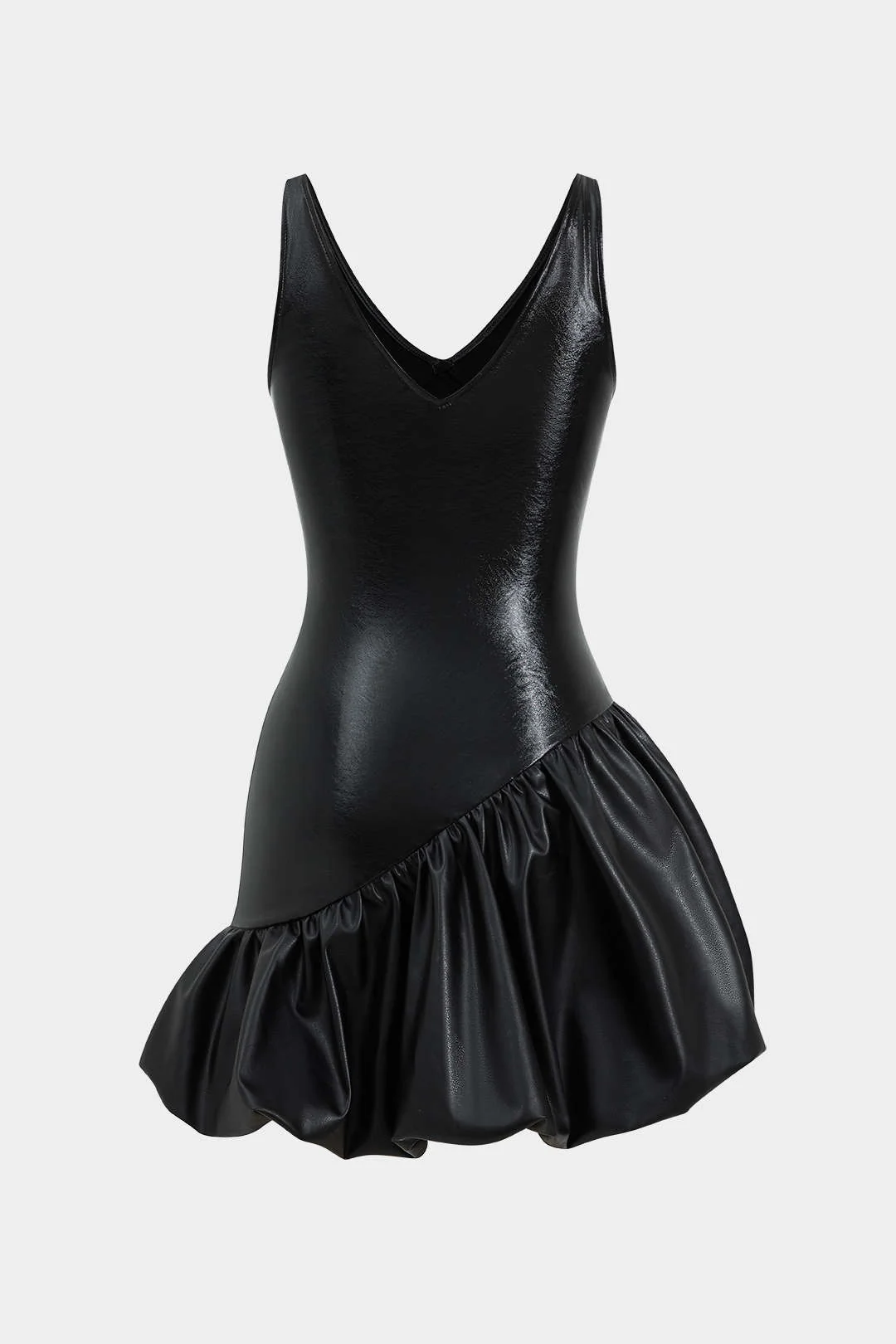 Faux Leather Ruched V-Neck Asymmetrical Mini Dress - Flockneti