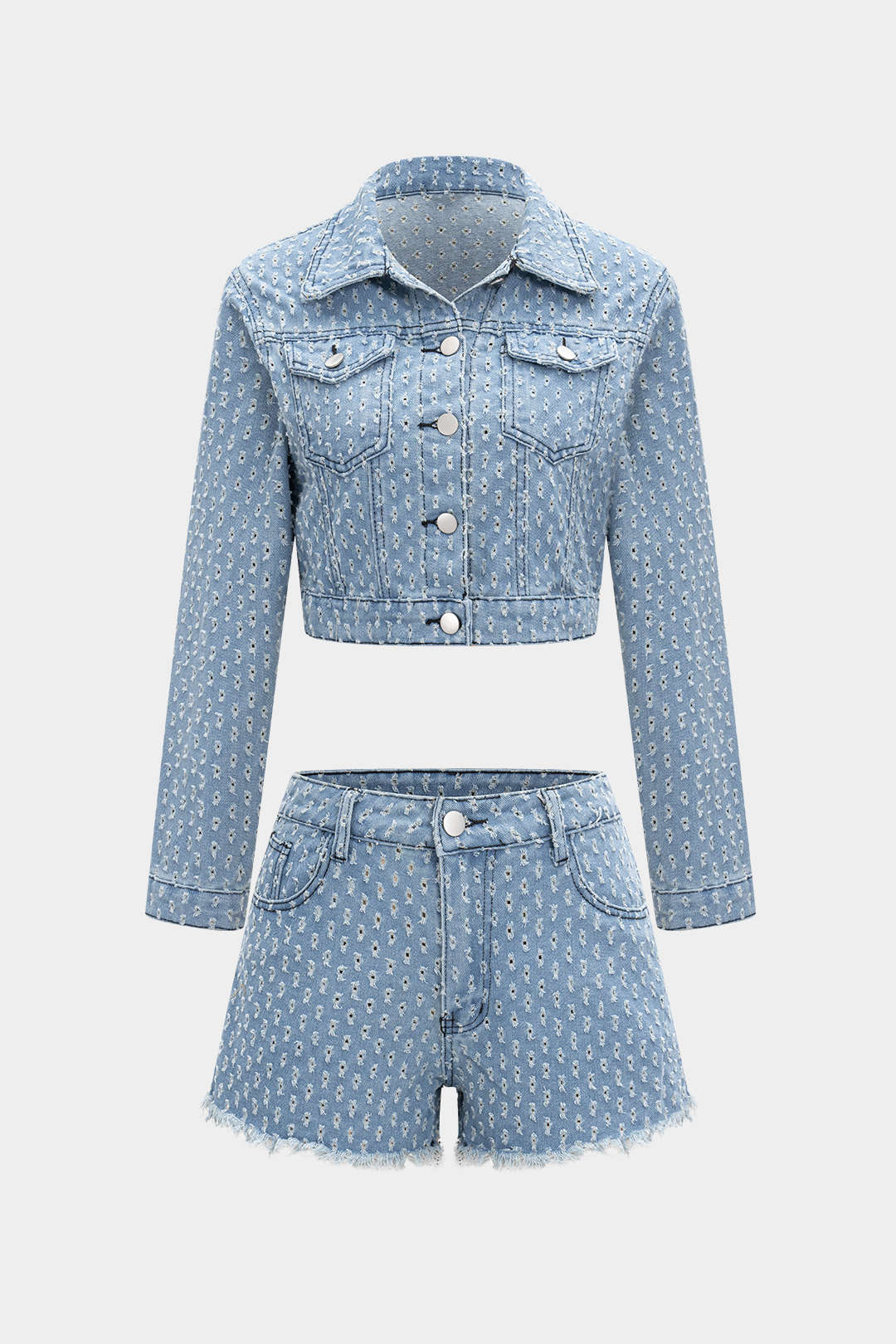 Denim Hollow Out Outerwear And Ripped Shorts Set - Flockneti