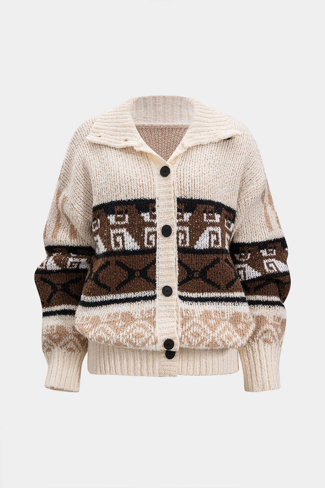 Knit Fair Island Print Button Cardigan - Flockneti