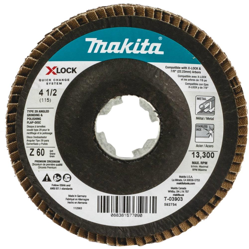 Makita X-LOCK 4 1/2″ Angled Grinding and Polishing Flap Disc X-LOCK and All 7/8″ Arbor Grinders 60 Grit Type 29 3pk - Flockneti