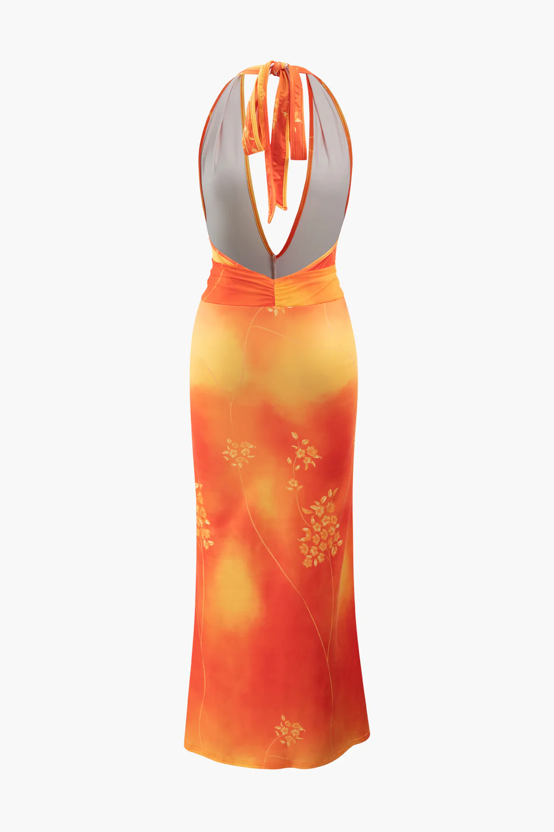 Abstract Print Halter Neck Tie Up Ruched Backless Slit Sleeveless Maxi Dress - Flockneti