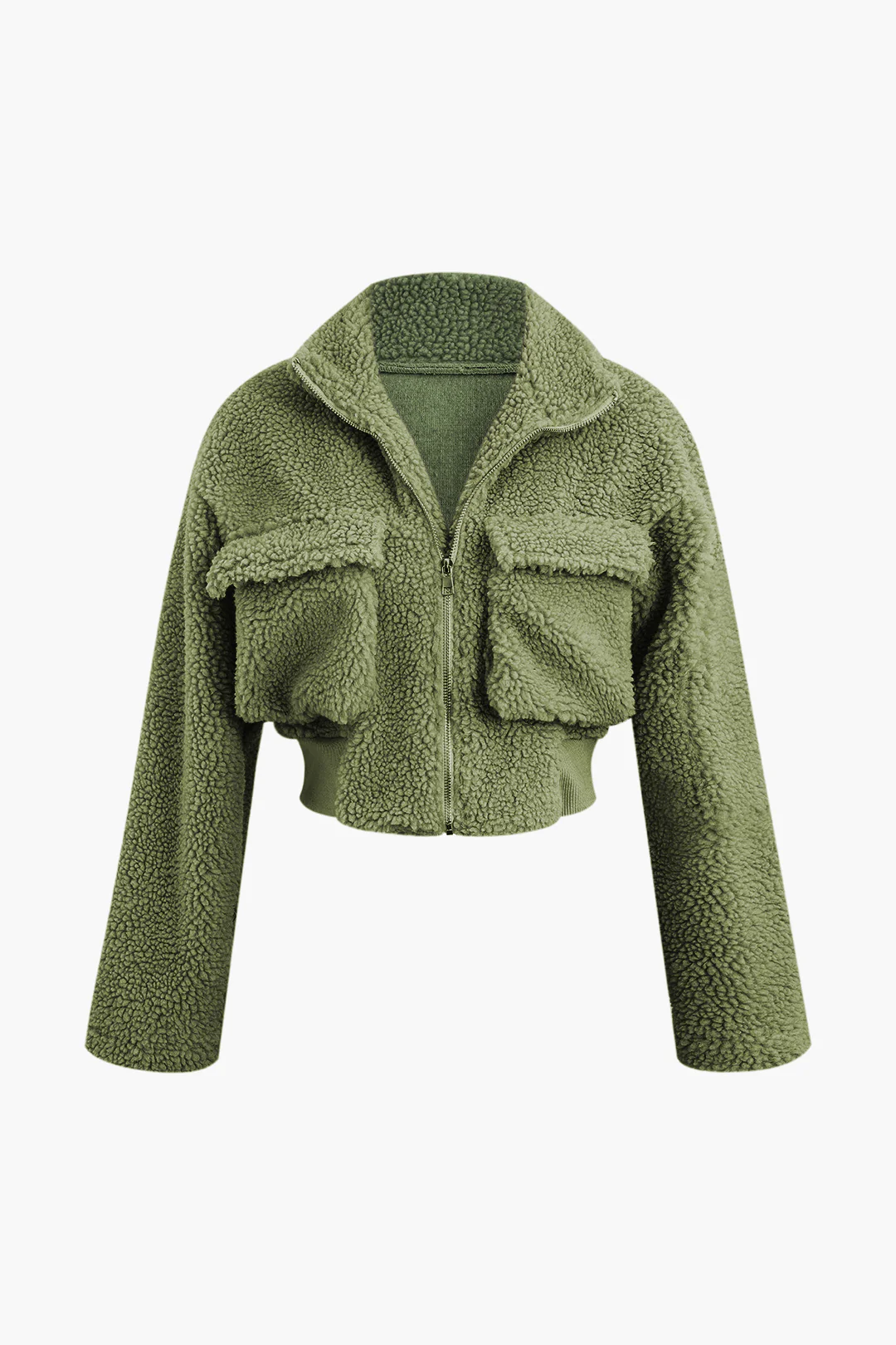 Fleece Collar Flap Pocket Zip Up Long Sleeve Top And Straight Leg Cargo Pants Set - Flockneti