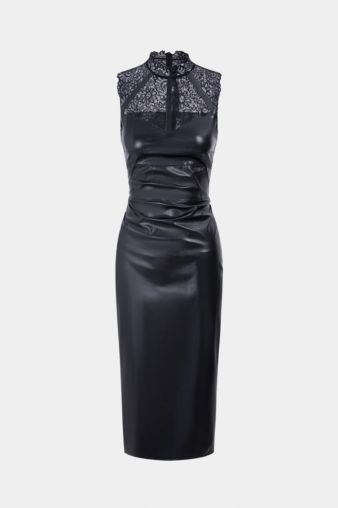 Faux Leather Patchwork Lace Ruched Sleeveless Midi Dress - Flockneti