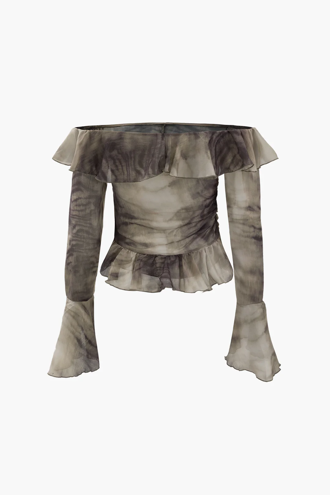 Chiffon Contrast Print Off Shoulder Ruffle Long-Sleeve Shirt - Flockneti