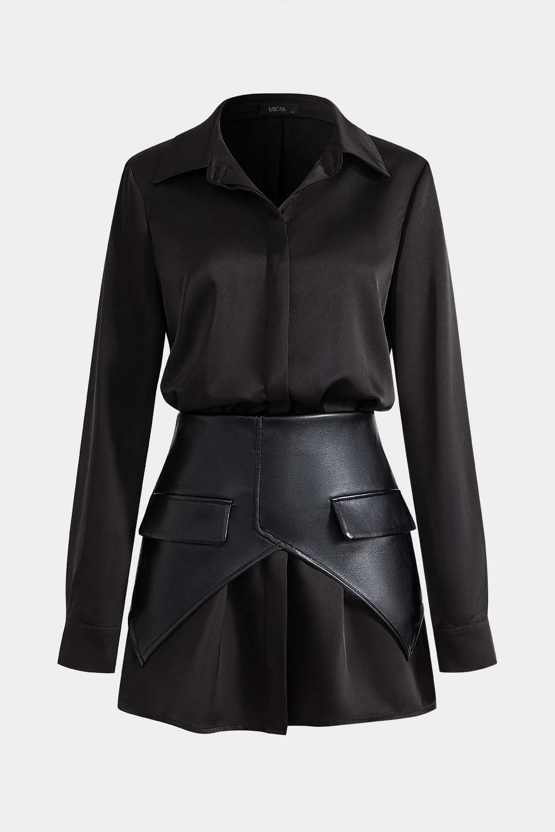 Satin Faux Leather Pocket Button Zipper Long Sleeve Mini Dress - Flockneti