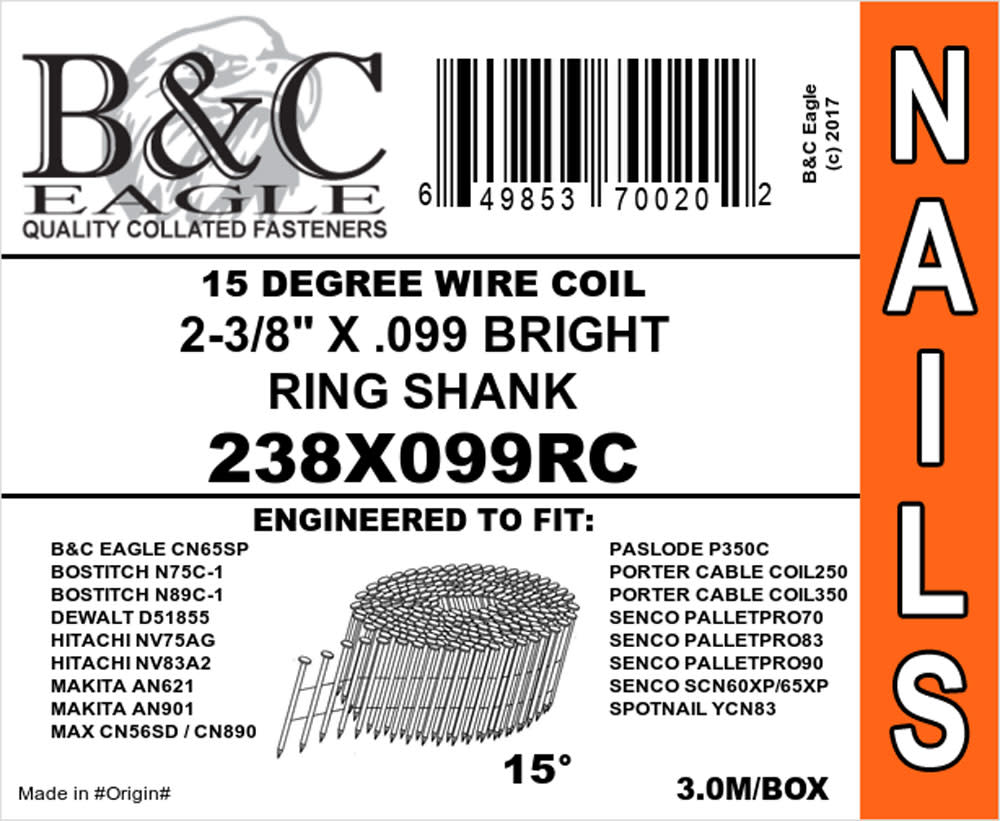 B and C Eagle 2-3/8 x .099 Wire Collated Ring Bright Coil Framing Nails 500pc - Flockneti