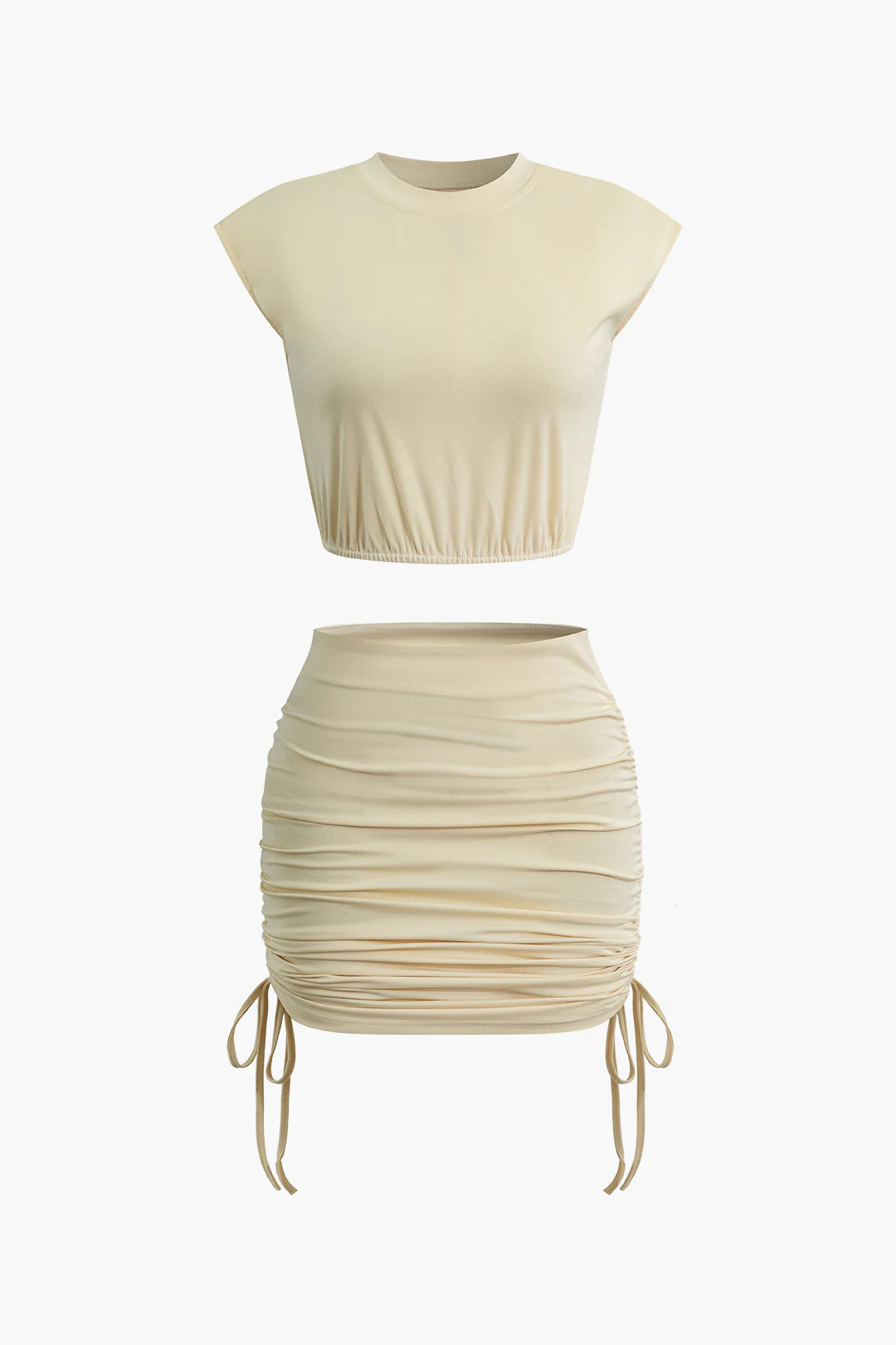 Solid Round Neck Ruched Sleeveless Top And Tie-Up Skirt Set - Flockneti