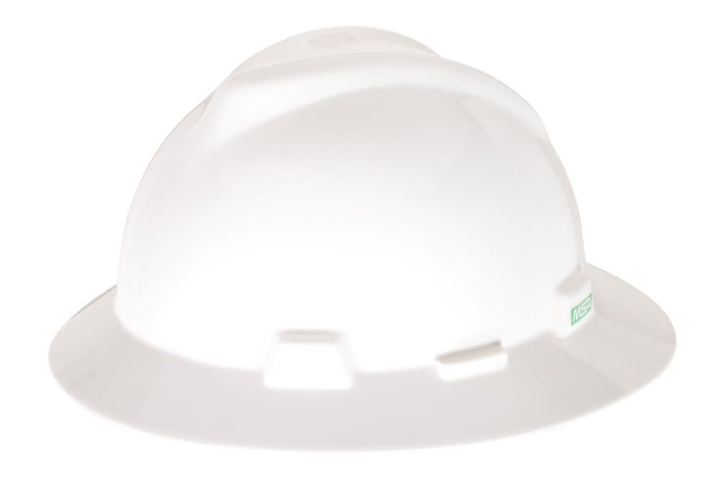 MSA Safety Works V Gard Slotted Full Brim Hat White with 1 Touch Suspension - Flockneti