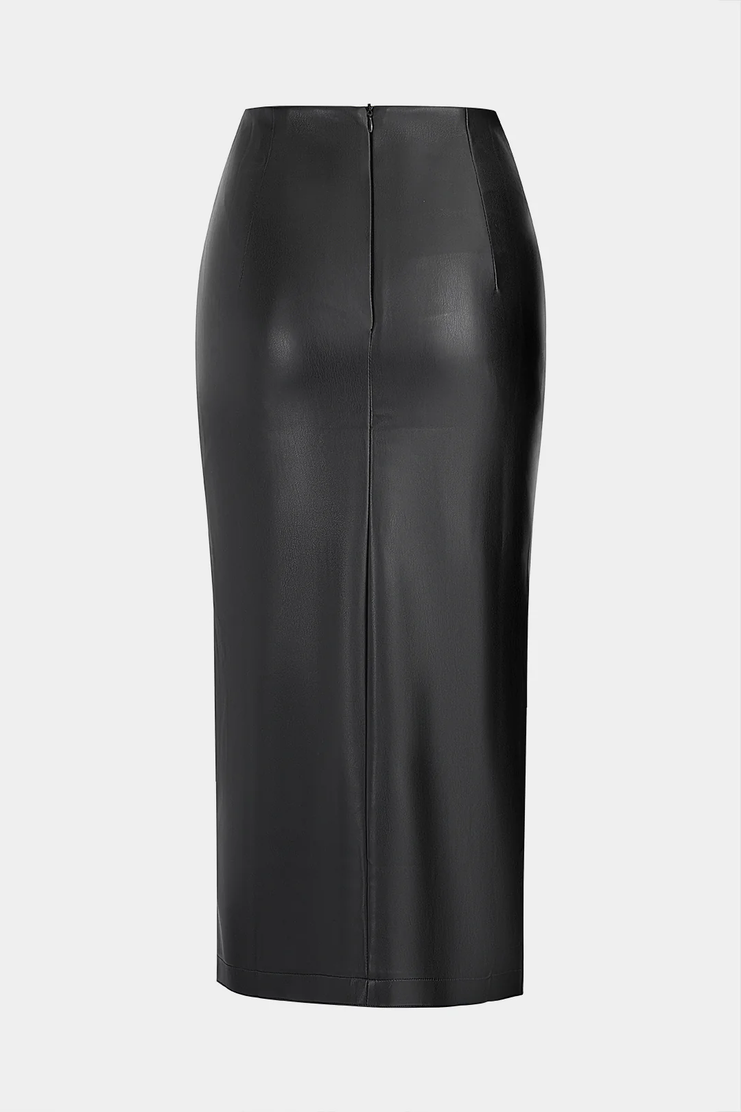 Faux Leather Metallic Buckle Slit Skirt - Flockneti