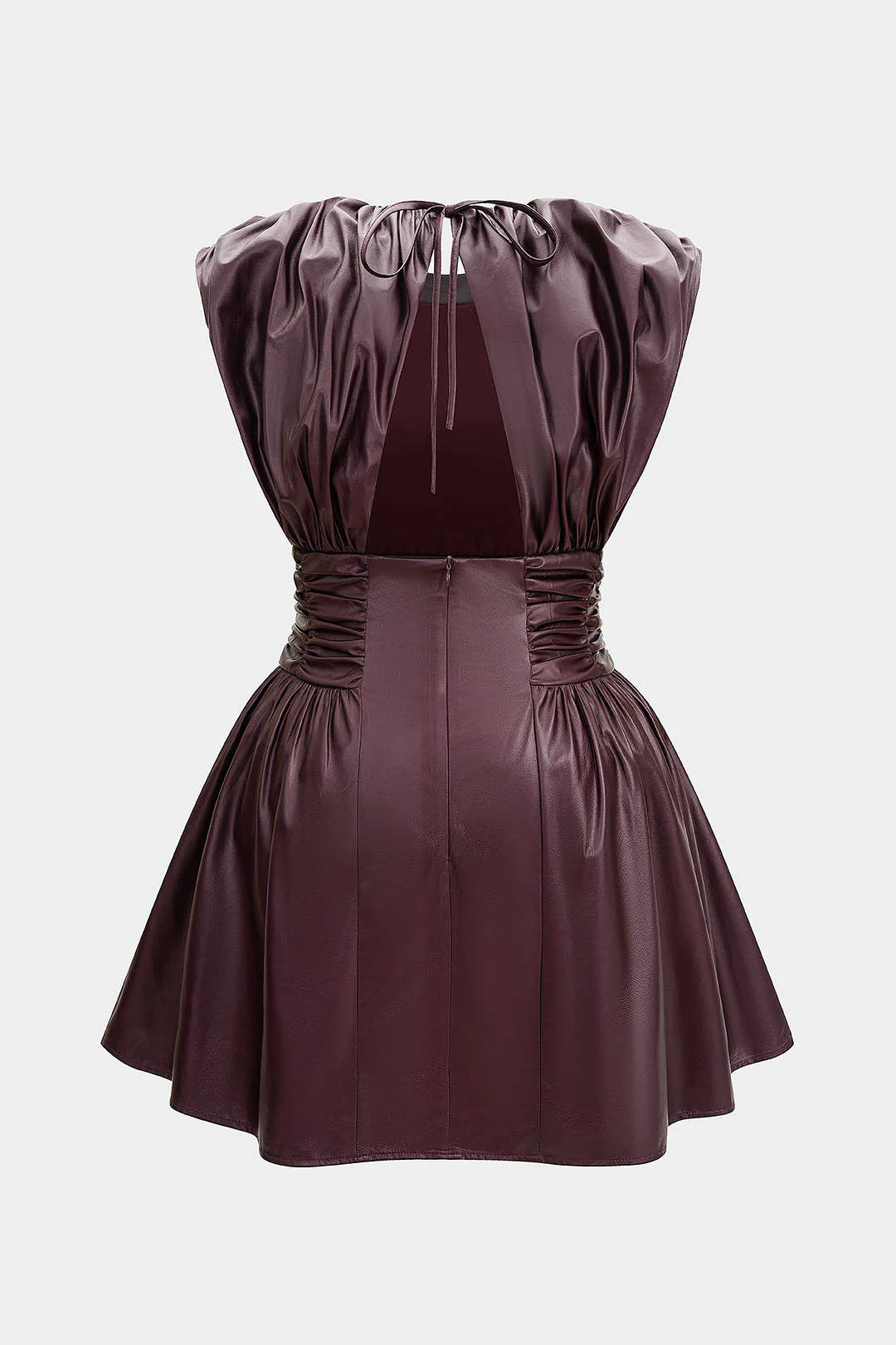 Plus Size Faux Leather Tie Back Backless Ruched Sleeveless Mini Dress - Flockneti