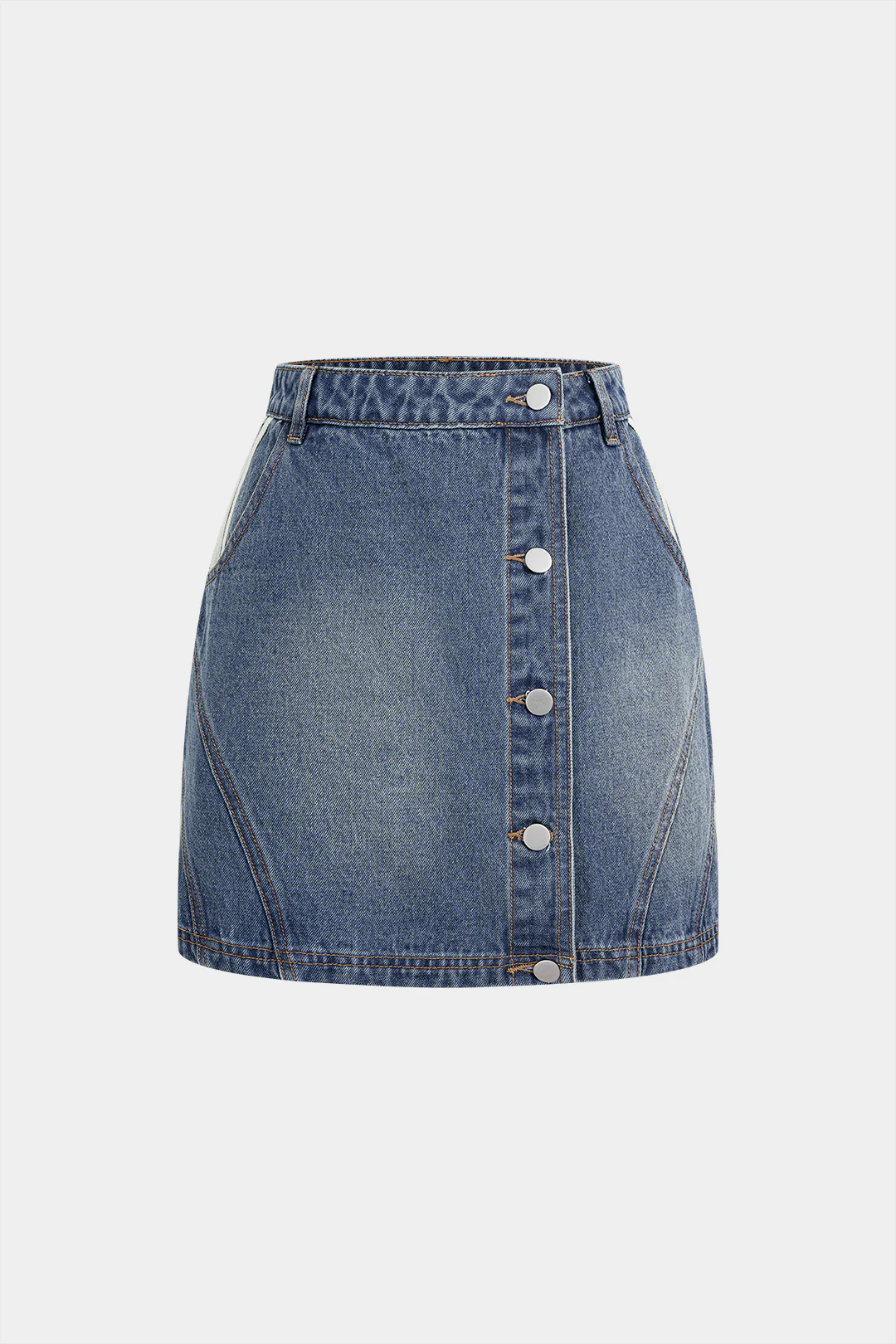 Denim Asymmetrical Seamdetail Button Skirt - Flockneti