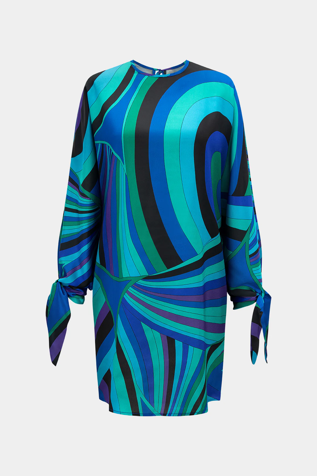 Abstract Color Block Print Tie-Up Long Sleeve Mini Dress - Flockneti