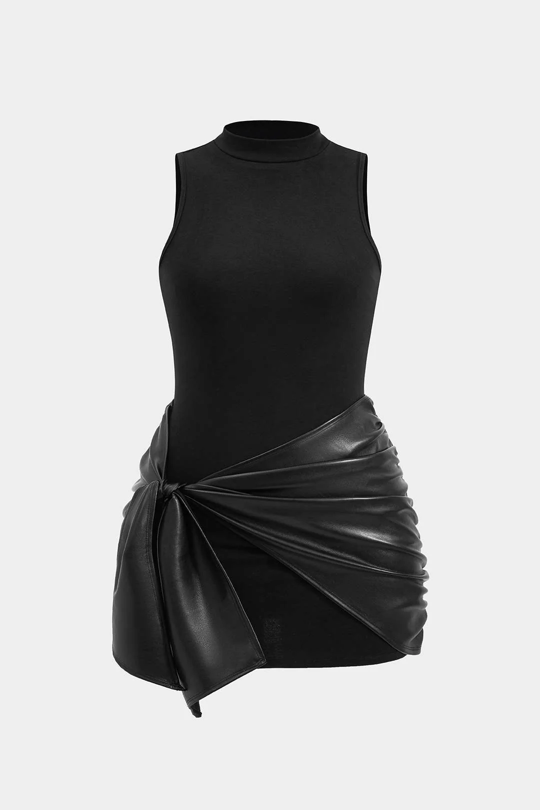 Plus Size Faux Leather Patchwork Tie Front Sleeveless Mini Dress - Flockneti