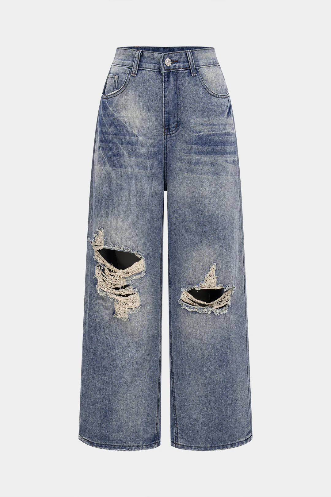 Denim Ripped Letter Seamdetail Straight Leg Jeans - Flockneti