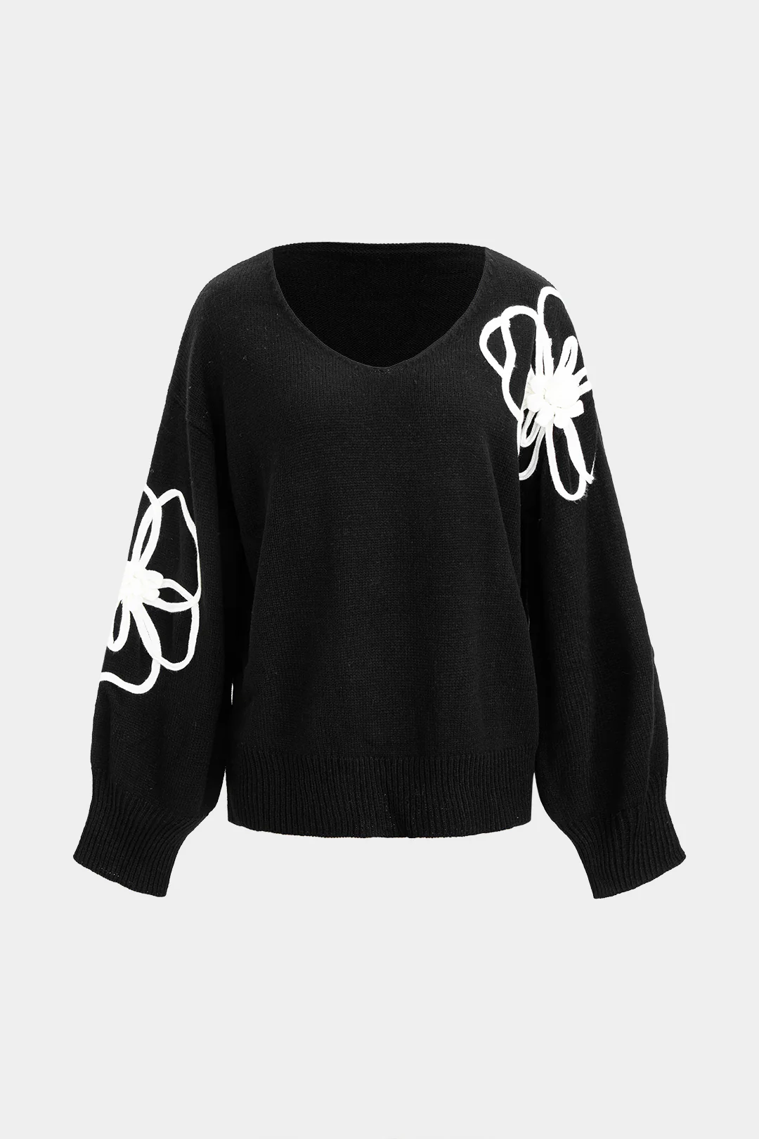 Knit V-Neck Flower Applique Long-Sleeve Top - Flockneti