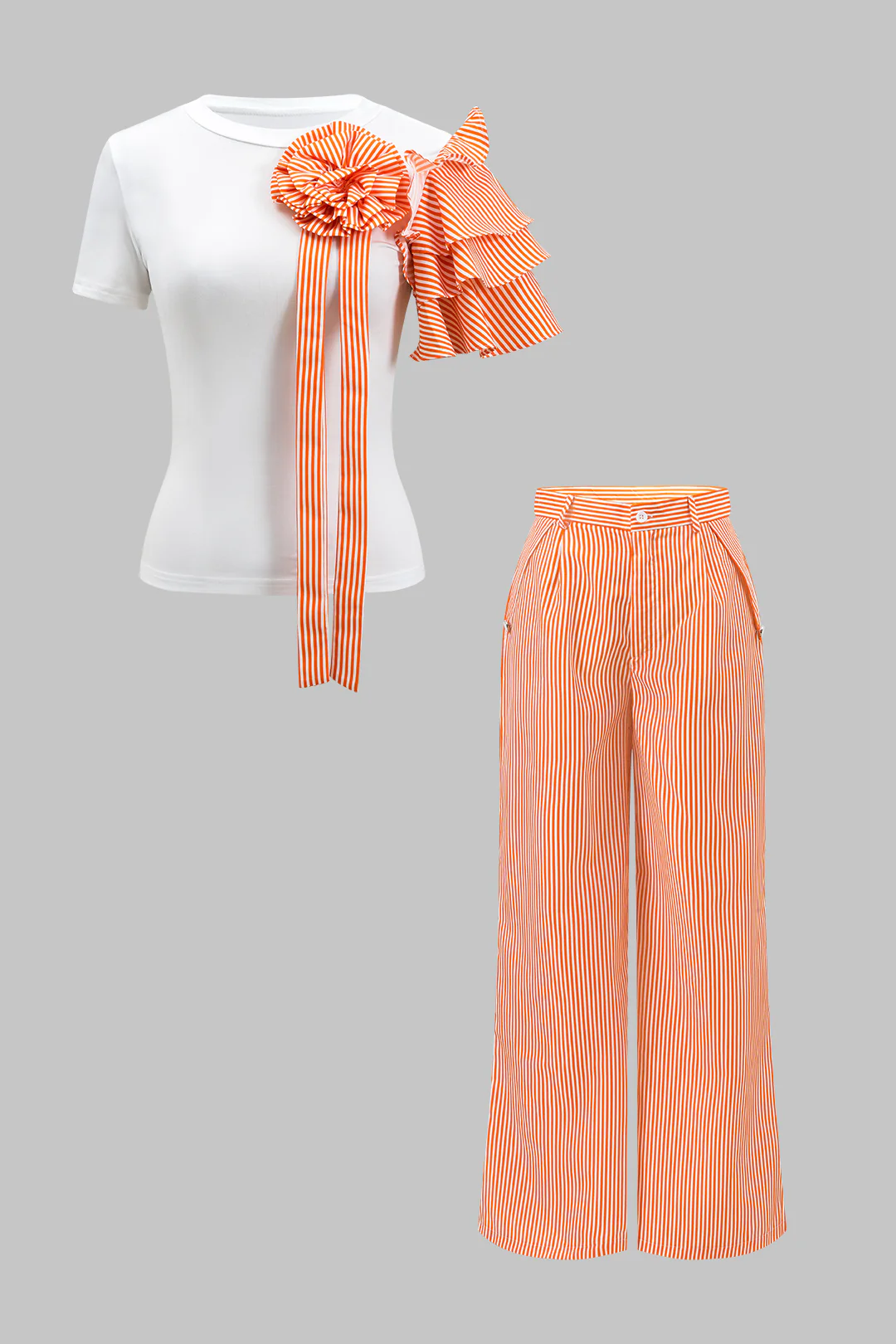 Stripe Print 3D Floral Short Sleeve Top And Button Wide Leg Trousers Set - Flockneti