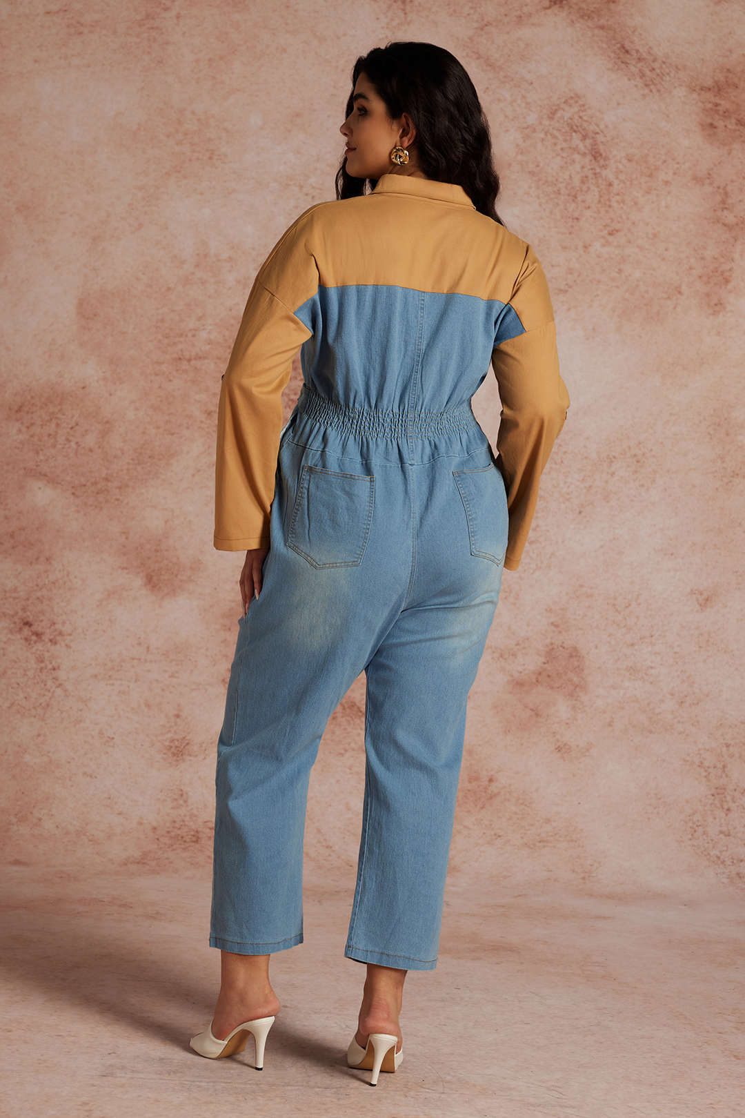 Plus Size Color Block Long Sleeve Jumpsuit - Flockneti