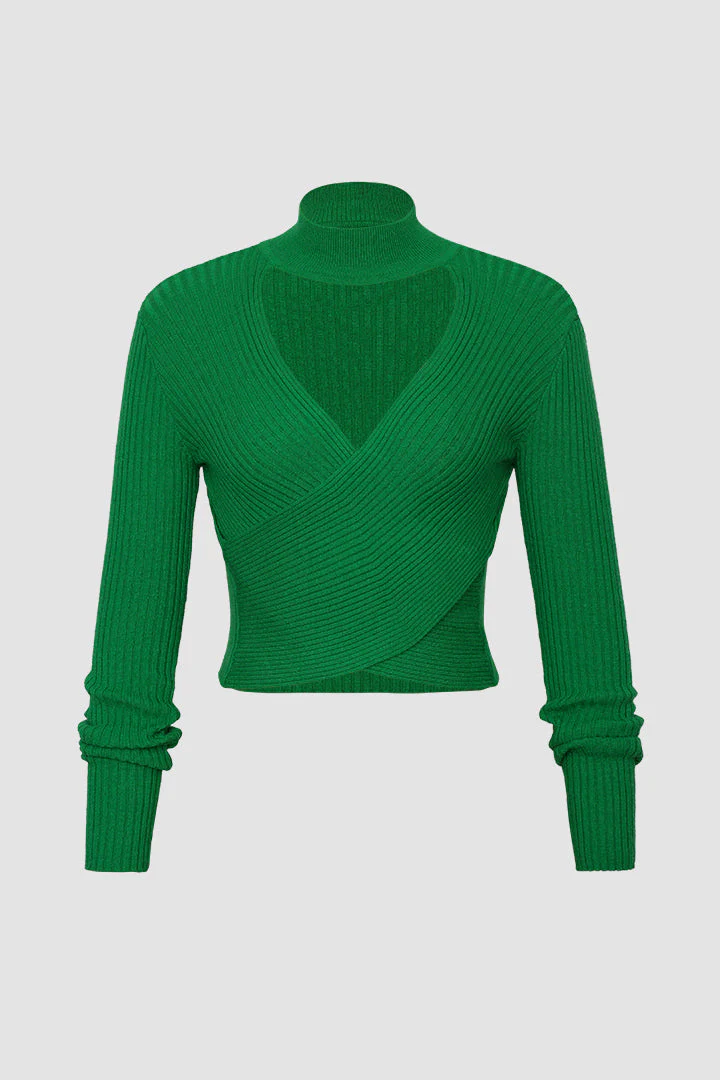 High Neck Wrap Knitted Long Sleeve Top - Flockneti