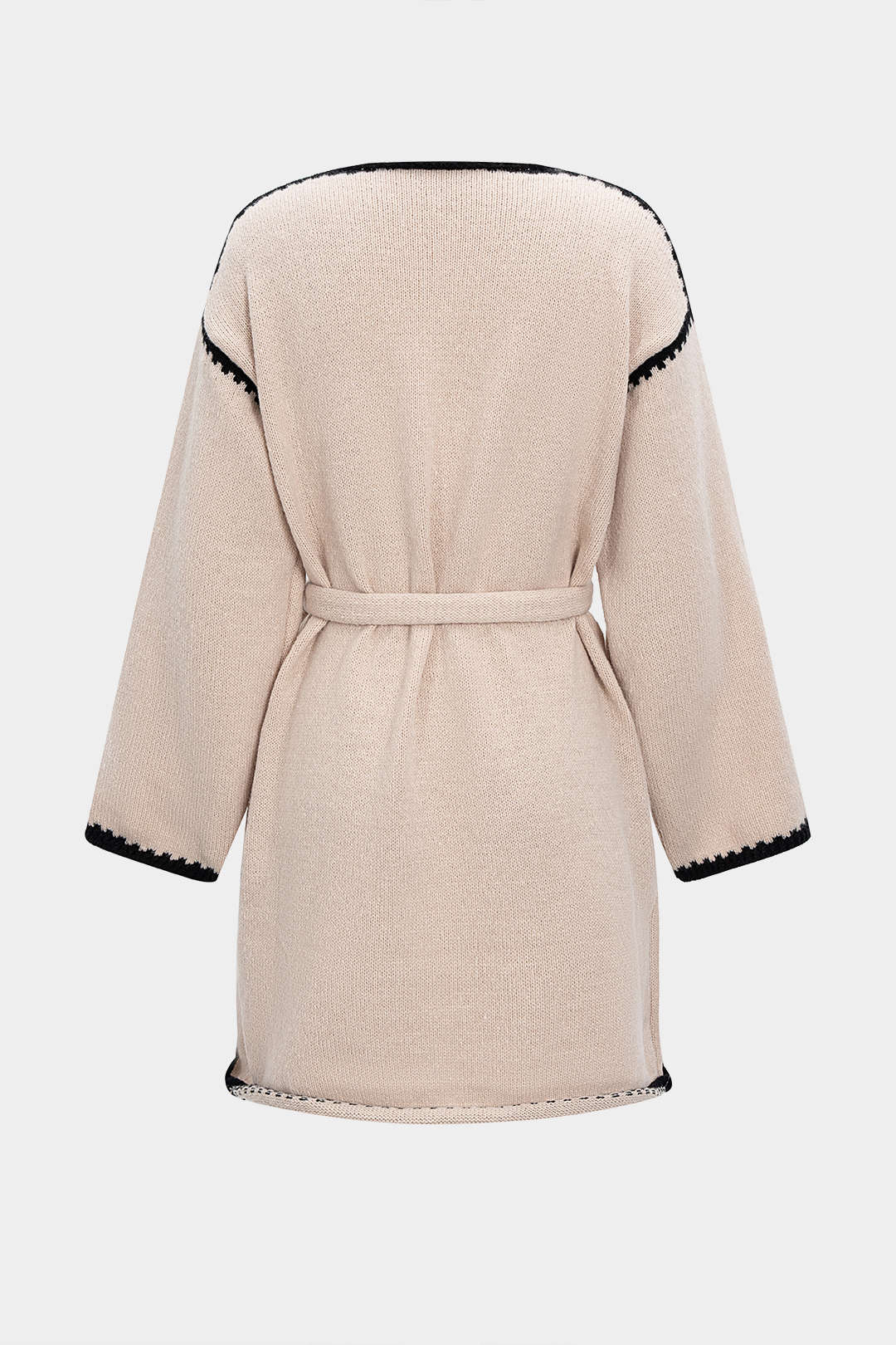 Knit V-Neck Contrast Binding Tie-Up Long Sleeve Dress - Flockneti
