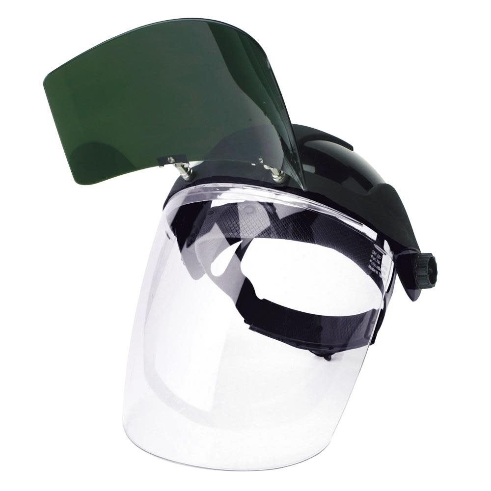 Sellstrom Multi-Purpose Single Crown Face Shield with Universal Slot Adapter Clear Polycarbonate Window Anti-Fog Coating Shade 5 UV/IR Flip Front Visor Black Crown - Flockneti