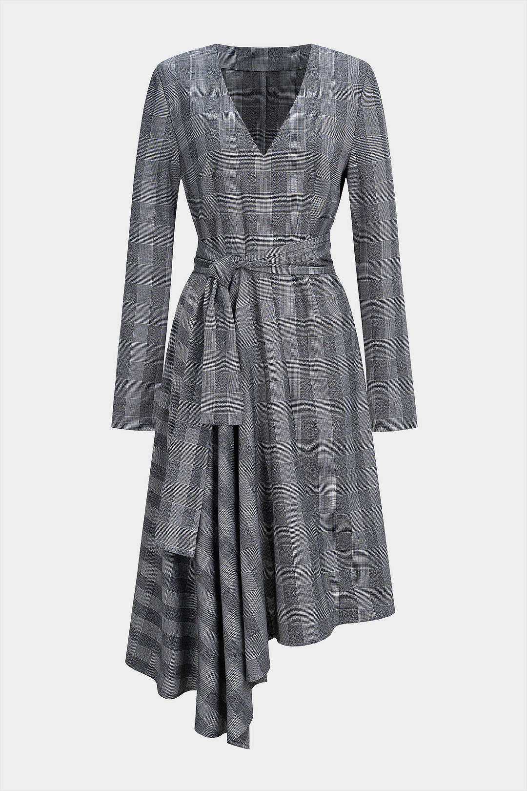 Plaid Print V-Neck Knot Ruched Asymmetrical Hem Long-Sleeve Midi Dress - Flockneti