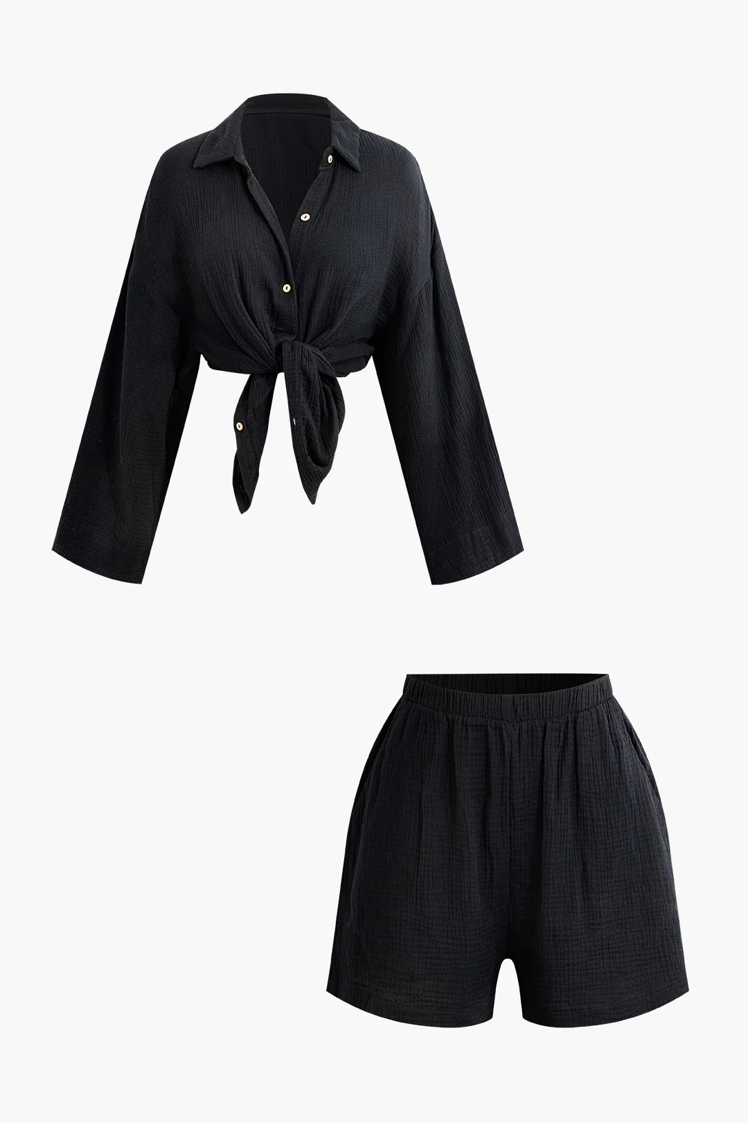 Button Long Sleeve Lapel Shirt And High Waist Wide Leg Shorts Set - Flockneti