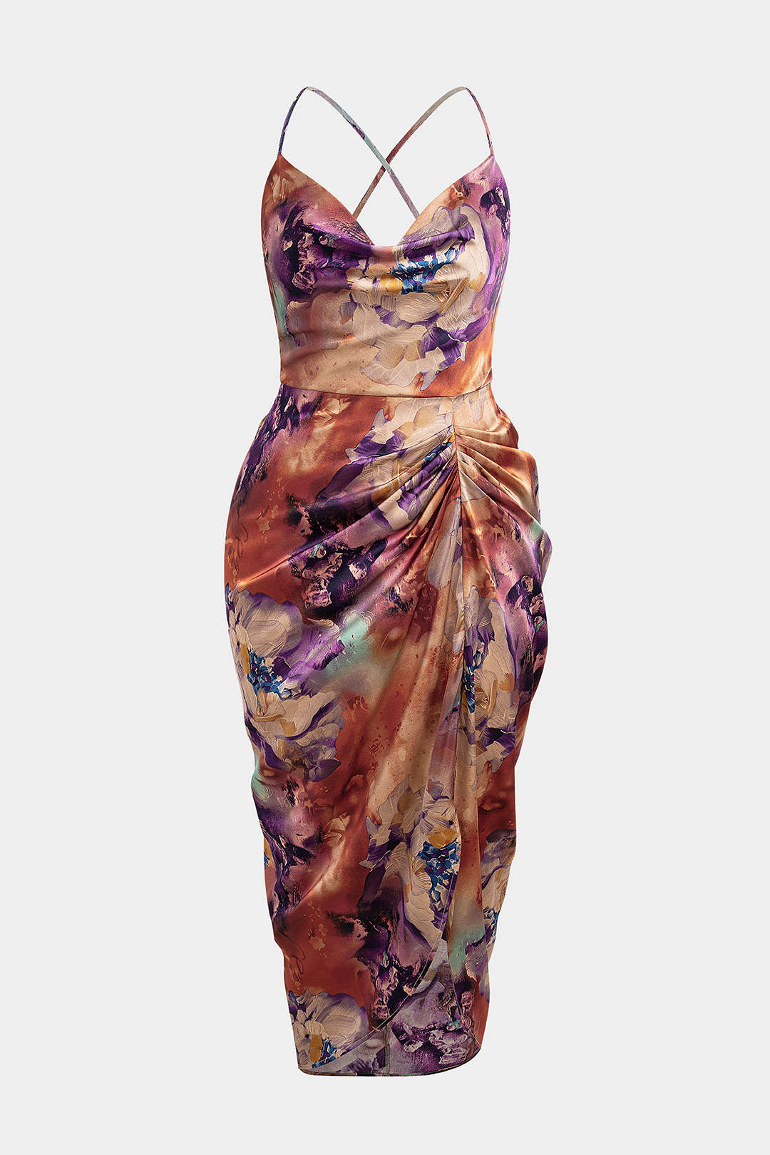 Plus Size Floral Print Satin Draped Cowl Neck Ruched Crossed Sleeveless Midi Dress - Flockneti