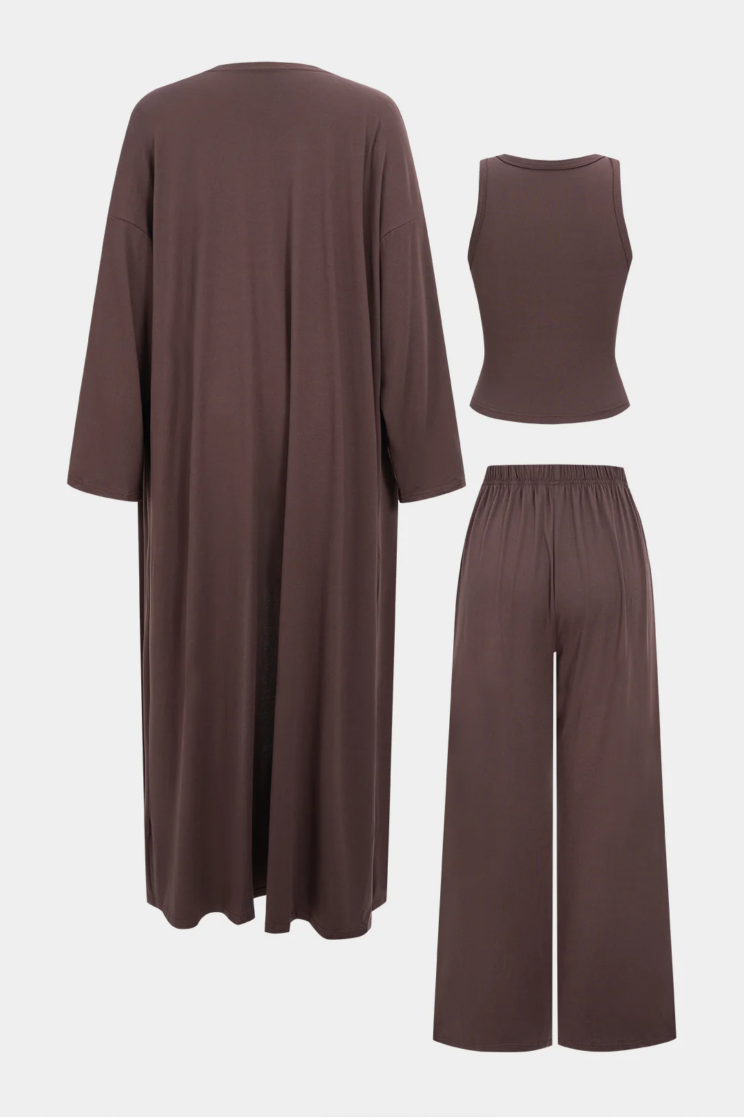 Knit Basic Tank Top And Long Cardigan And Wide Leg Trousers Set - Flockneti