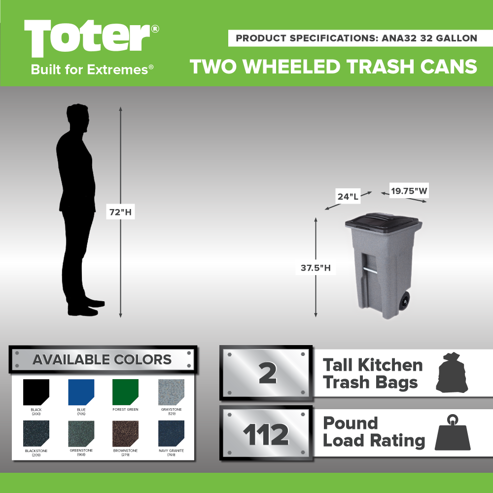 Toter 32 Gallon Blue Trash Can with Quiet Wheels and Attached Black Lid - Flockneti