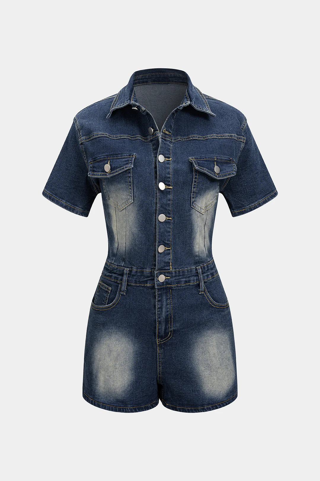 Denim Lapel Button Short Sleeve Romper - Flockneti