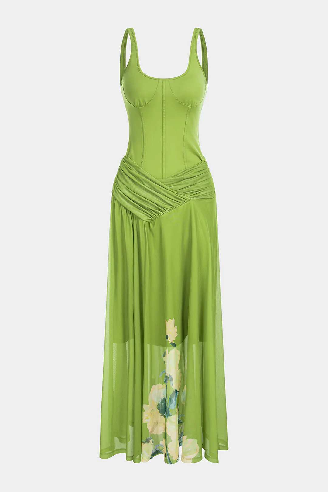 Floral Print U-Neck Ruched Sleeveless Maxi Dress - Flockneti